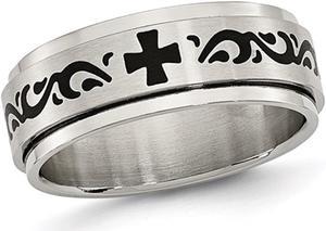 Ladies Stainless Steel 8mm Wedding Band with Black Swirl Design