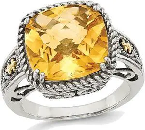 5.85 Carat (ctw) Antiqued Natural Citrine Ring Sterling Silver with 14K Gold Accents
