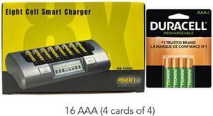 Powerex MH-C800S Eight Slot Smart Charger & 16 AAA Duracell Rechargeable (DX2400) Batteries (900 mAh)