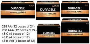 288 AA + 288 AAA + 48 C + 48 D + 48 9 Volt Duracell Coppertop Alkaline Battery Combo