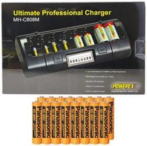 Powerex MH-C808M 8 Bay LCD Charger + 16 AAA Panasonic 700 mAh NiMH Rechargeable Batteries (Low Discharge)
