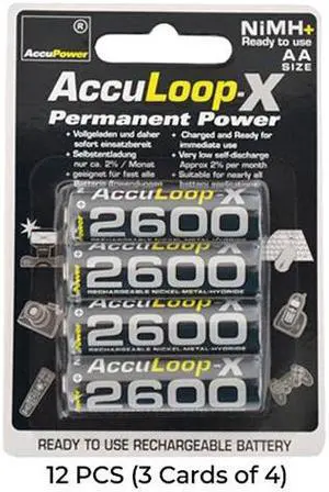 12-Pack AA NiMH AccuPower AccuLoop-X 2600 mAh Rechargeable Batteries (3 Cards of 4)