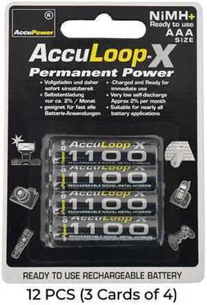 12-Pack AAA AccuPower AccuLoop-X 1100 mAh NiMH Batteries (3 Cards of 4)