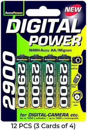 12-Pack AA AccuPower NiMH 2900 mAh Batteries (3 Cards of 4)