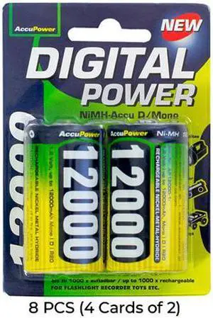8-Pack D AccuPower NiMH 12000mAh Battery (4 Cards of 2)