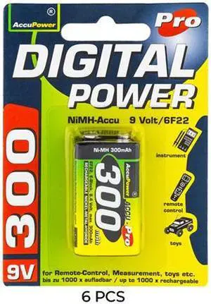 6-Pack 9 Volt AccuPower NiMH Batteries (300 mAh)