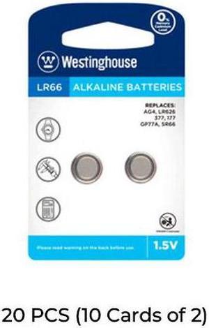 20-Pack LR66 / AG4 Westinghouse Alkaline Button Batteries (10 Cards of 2)