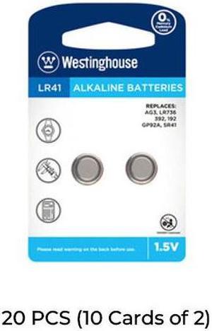 20-Pack LR41 / AG3 Westinghouse Alkaline Button Batteries (10 Cards of 2)