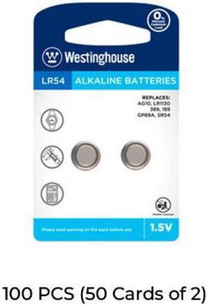 100-Pack LR54 / AG10 Westinghouse Alkaline Button Batteries (50 Cards of 2)