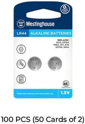 100-Pack LR44 / AG13 Westinghouse Alkaline Button Batteries (50 Cards of 2)