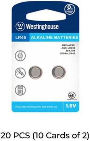 20-Pack LR45 / AG9 Westinghouse Alkaline Button Batteries (10 Cards of 2)