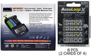 IQ-328 AA / AAA LCD Charger & 8 AA NiMH AccuPower AccuLoop-X Batteries (2600 mAh)