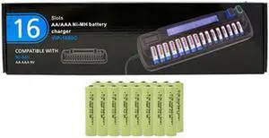 16 Bay AA / AAA LCD Battery Charger + 16 AAA NiMH Batteries (900 mAh)