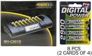 Powerex MH-C801D Eight Slot Smart Charger & 8 AA NiMH AccuPower Batteries (2900 mAh)