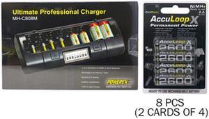 Powerex MH-C808M 8 Bay LCD Charger + 8 AA NiMH AccuPower AccuLoop-X Rechargeable Batteries (2600 mAh)