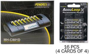 Powerex MH-C801D Eight Slot Smart Charger & 16 AA NiMH AccuPower AccuLoop-X Rechargeable Batteries (2600 mAh)