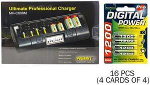 Powerex MH-C808M 8 Bay LCD Charger + 16 AAA NiMH AccuPower Micro Batteries (1200 mAh)