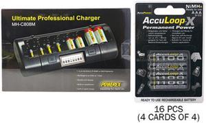 Powerex MH-C808M 8 Bay LCD Charger + 16 AAA AccuPower AccuLoop-X NiMH Batteries (1100 mAh)