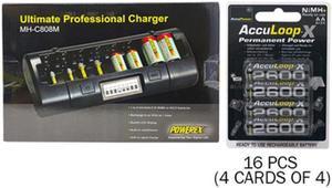 Powerex MH-C808M 8 Bay LCD Charger + 16 AA NiMH AccuPower AccuLoop-X Rechargeable Batteries (2600 mAh)