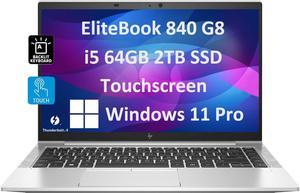 HP EliteBook 840 G8 Business Laptop (14" FHD Touchscreen, Intel 4-Core i5-1145G7, 64GB RAM, 2TB PCIe SSD, UHD Graphics), 3-Year Warranty, Backlit Keyboard, Webcam, Wi-Fi 6, Win 11 Pro