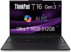 Lenovo ThinkPad T16 Gen 3 Business Laptop (16" FHD+, Intel Core Ultra 7 155U, 16GB DDR5 RAM, 512GB SSD), 5MP Webcam, Backlit, Fingerprint, Ethernet, Wi-Fi 6E, Win 11 Pro, 2025 AI PC