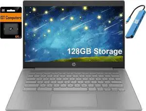 HP Chromebook 14 Laptop (14" HD, Intel 4-Core Celeron N4120, 4GB RAM, 128GB Storage, UHD Graphics 600) for Home & Student, Light Weight & 14-Hr Battery Life, Webcam, Wi-Fi, IST HUB, Chrome OS, Grey