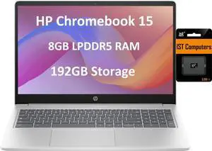 HP Chromebook 15 15.6" HD (Intel Pentium N6000, 8GB RAM, 192GB Storage (64GB eMMc + 128GB SD Card), UHD Graphics, Numeric KB) Home & Student Laptop, Anti-Glare, Webcam, Wi-Fi, Chrome OS, Silver