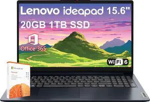 Lenovo IdeaPad 1 Home & Student Laptop (15.6" HD Anti-Glare, 20GB RAM, 1TB SSD, 1 Year Office 365, Intel Dual Core Processor) Numeric Keypad, Webcam, Wi-Fi 6, HDMI, Win 11 Home in S Mode, Abyss Blue