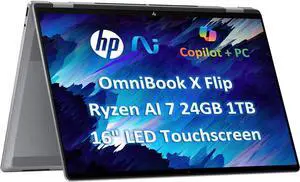 HP OmniBook X Flip x360 2 in 1 Touchscreen Laptop (16" FHD+, AMD Ryzen AI 7 350 (> Intel i7-1355U), 24GB 7500 MHz, 1TB SSD) AI Copilot+ PC for Creator, Designer, IR Webcam, Backlit, Win 11 Pro,2025