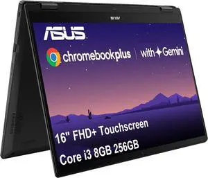 ASUS Chromebook Plus Flip CX5, 16" FHD+ 2 in 1 Touchscreen Laptop, Intel 6-Core i3-1215U (> i5-1135G7), 8GB RAM, 256GB SSD, Google AI for Student, Home, Business, Number Pad, Privacy Webcam, Chrome OS