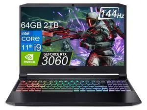 acer Nitro  Gaming Laptop (i9-11900H, 64GB RAM, 2TB PCIe SSD, NVIDIA GeForce RTX 3060 6GB, 15.6" FHD 144Hz IPS), 4-Zone RGB Backlit, Webcam, WiFi 6, Ray Tracing, Win 11 Home, Black