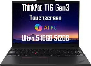 Lenovo ThinkPad T16 Gen 3 Business AI PC Laptop (16" FHD+ Touchscreen, Intel Core Ultra 5 125U (>i7-1355U), 16GB DDR5, 512GB SSD) Backlit, Fingerprint, 5MP IR Webcam, Thunderbolt 4, Win 11 Pro, 2025
