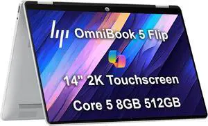 HP OmniBook 5 Flip X360 2-in-1 Laptop (14" 2K IPS Touchscreen, Intel 10-Core 5 120U (> i7-1255U), 8GB DDR5, 512GB SSD) for Business, Students, Backlit, IR Webcam, 21-Hr Battery Life, Win 11 Pro,2025