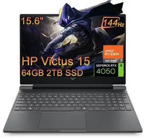 HP Victus 15 Gaming Laptop (15.6" FHD 144Hz Anti-glare, AMD Ryzen 7 7445HS (> Intel i7-13700H), 64GB DDR5 RAM, 2TB SSD, NVIDIA GeForce RTX 4050 6GB), Backlit KB, Ethernet, Webcam, Wi-Fi 6, Win 11 Home
