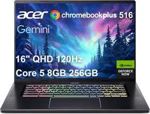 Acer Chromebook Plus 516 GE Laptop (16" 3K 120Hz, Intel Core 5 120U, 8GB RAM, 256GB SSD, NVIDIA GeForce NOW, 2TB Cloud Storage, (10-Core>i7-1165G7)) Cloud Gaming, RGB Backlit, 1080p Webcam, Chrome OS