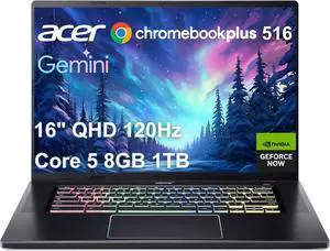 Acer Chromebook Plus 516 GE Cloud Gaming Laptop (16" QHD 120Hz, Intel 10-Core 5 120U(>i5-1235U) 8GB RAM, 1TB SSD, NVIDIA GeForce NOW, 2TB Cloud Storage) RGB Backlit, 1080p Webcam, WIFI 6E, Chrome OS