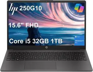 HP Laptop 250 G10 for Business, Home (15.6" FHD IPS Anti-glare, 32GB RAM, 1TB PCIe SSD, Intel Core i5-1334U (> AMD Ryzen 7-7530U)), Military Grade, Webcam w/Shutter, Numeric Keypad, Win 11 Pro, Gray
