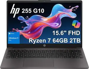 HP 255 G10 Business Laptop (15.6" FHD Anti-glare, AMD Ryzen 7 7730U (> Intel i7-1355U) 64GB RAM, 2TB SSD) for Home, Student, Military Grade, Webcam w/Shutter, Numeric Keypad, Wi-Fi 6, Win 11 Pro