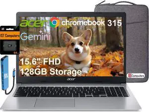Acer Chromebook 315 15.6" FHD (Intel Celeron N4500, 4GB RAM, 128GB Storage (64GB eMMC + 64GB IST SD Card) Home & Student Laptop, Long Battery Life, Wi-Fi, Webcam, IST Hub, Chrome OS, Silver