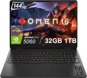 HP OMEN 16 Gaming Laptop (16" 2K 144Hz, NVIDIA RTX 5060 8GB, AMD Ryzen 9 8940HX, 32GB DDR5 RAM, 1TB SSD, 16-core (> Intel i9-13900H)), 4-Zone RGB Backlit KB, IR Webcam, Ethernet, Wi-Fi 6E, Win 11 Home