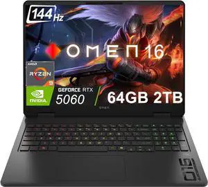 HP OMEN 16 Gaming Laptop (16" 2K 144Hz, NVIDIA RTX 5060 8GB, AMD Ryzen 9 8940HX, 64GB DDR5 RAM, 2TB SSD, 16-core (> Intel i9-13900H)), 4-Zone RGB Backlit KB, IR Webcam, Ethernet, Wi-Fi 6E, Win 11 Home