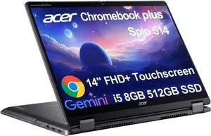 Acer Chromebook Plus Spin 514 2-in-1 Laptop (14" FHD+ Touchscreen, Intel 10-Core i5-1334U, 8GB DDR5, 512GB SSD) For Business, Home, Students, Backlit, 1080p Webcam, Wi-Fi 6E, Chrome OS w/ Google AI