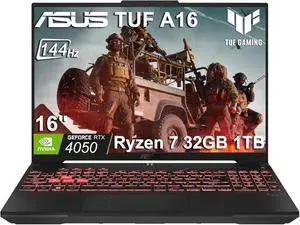 ASUS TUF A16 Gaming Laptop (16" FHD+ G-SYNC 144Hz Display, AMD Ryzen 7 7445HS (> i7-12650H), 32GB DDR5 RAM, 1TB SSD, NVIDIA RTX 4050 6GB), RGB Backlit Keyboard, Webcam, Ethernet, Wi-Fi 6, Win 11 Home ASUS TUF A16 Gaming Laptop (16" FHD+ G-SYNC 144Hz Display, AMD Ryzen 7 7445HS (> i7-12650H), 32GB DDR5 RAM, 1TB SSD, NVIDIA RTX 4050 6GB), RGB Backlit Keyboard, Webcam, Ethernet, Wi-Fi 6, Win 11 Home