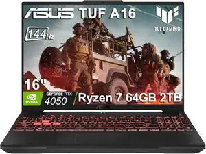 ASUS TUF A16 Gaming Laptop (16" FHD+ G-SYNC 144Hz Display, AMD Ryzen 7 7445HS (> i7-12650H), 64GB DDR5 RAM, 2TB SSD, NVIDIA RTX 4050 6GB), RGB Backlit Keyboard, Webcam, Ethernet, Wi-Fi 6, Win 11 Home