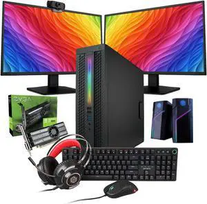 HP Prebuilt RGB Gaming Computer - Intel i5 Quad Core, GeForce GT 1030 2GB GPU, 16GB DDR4 RAM, 1TB SSD, Wi-Fi 5G + Bluetooth, Windows 10 Home | Dual 24in LCD Monitors, RGB Gaming Bundle + Webcam