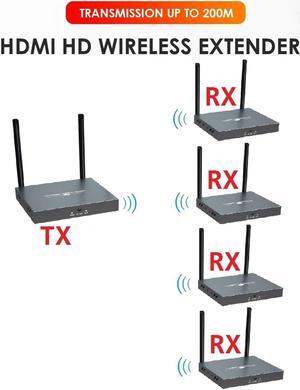 (1 SENDER and 4 RECEIVERS Kit) Up to 656Ft,H.264 Wireless 1080P@60Hz Video Extender with Local Pass-through HDMI Loop-out Transmitter 4 Receivers Kit 200m with IR remote