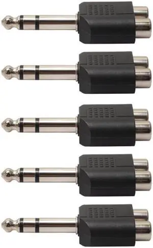 5Pcs 6.35mm Dual Mono Headphone Microphone 1/4" Stereo Audio Jack Plug Adapter to 2 RCA Female Jacks Splitter Audio Converter
