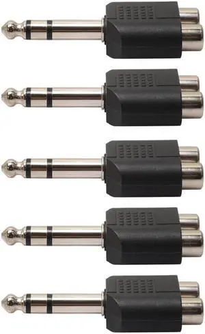 5Pcs 6.35mm 1/4" Stereo Plug To 2 RCA Female Jacks Splitter Audio Adapter Converter for PC,Stereo,MP3 players