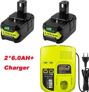 Vanon 2X 6.0Ah For Ryobi P108 P106 18V One+Plus High Capacity Lithium Battery and P117 Charger