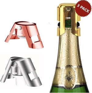 3-PACK BarBinge Champagne Cork Stopper Cap Portable Sparkling Wine Bottle Prosecco Cava Stainless Steel Sealer Plug Clamps Bar Kitchen Gadget